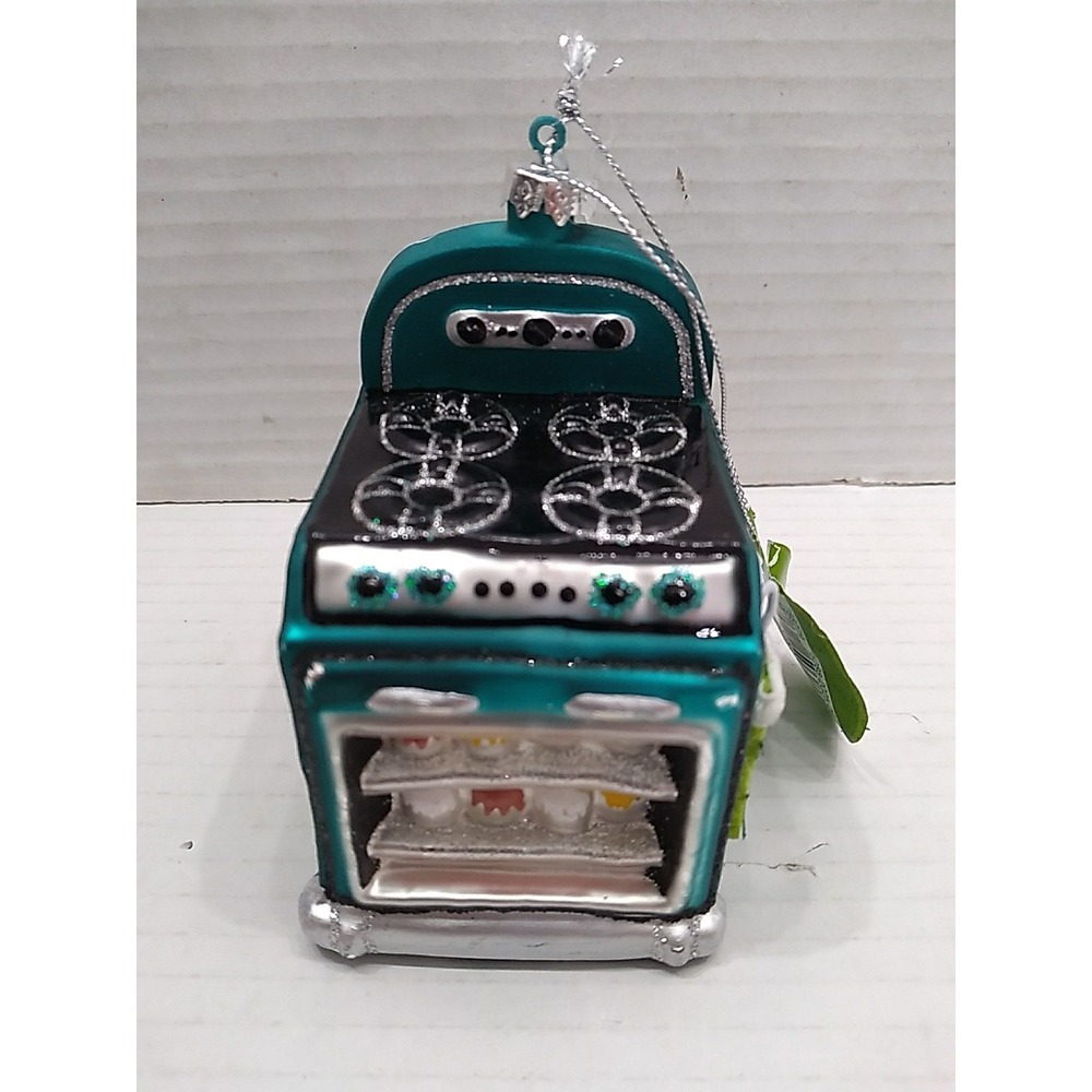 Ashland Retro Oven Glass Christmas Tree Ornament Teal Color With Black Stove Top